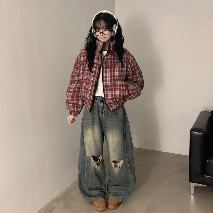 リバーシブルチェック刺繍ダウンジャンパー RED