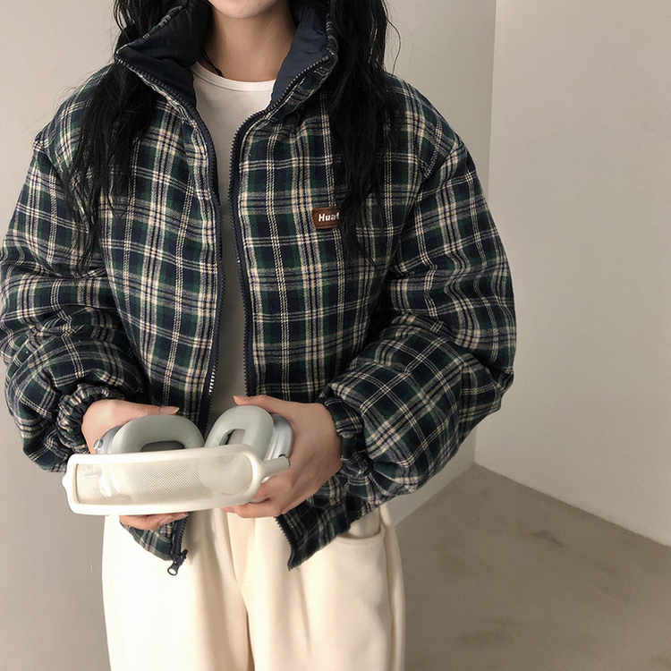 リバーシブルチェック刺繍ダウンジャンパー GREEN