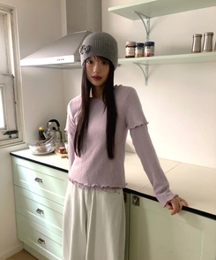 レイヤードアンゴラフリル半袖Tシャツ PINK