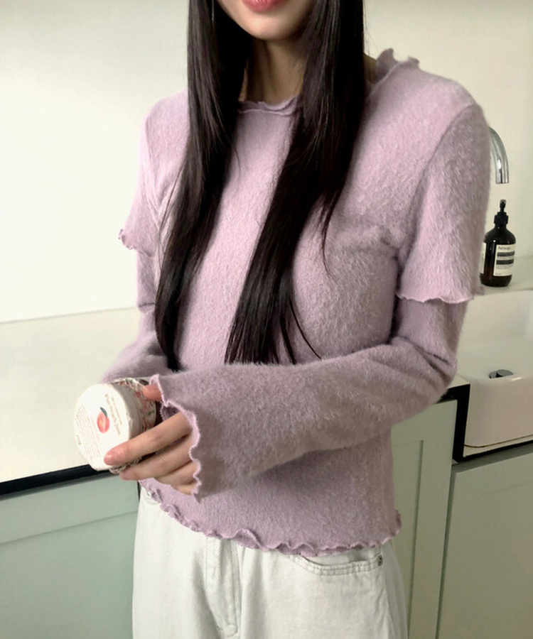 レイヤードアンゴラフリル半袖Tシャツ PINK