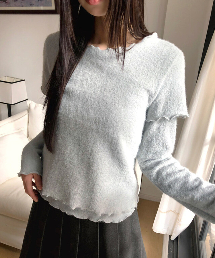 レイヤードアンゴラフリル半袖Tシャツ SKY BLUE