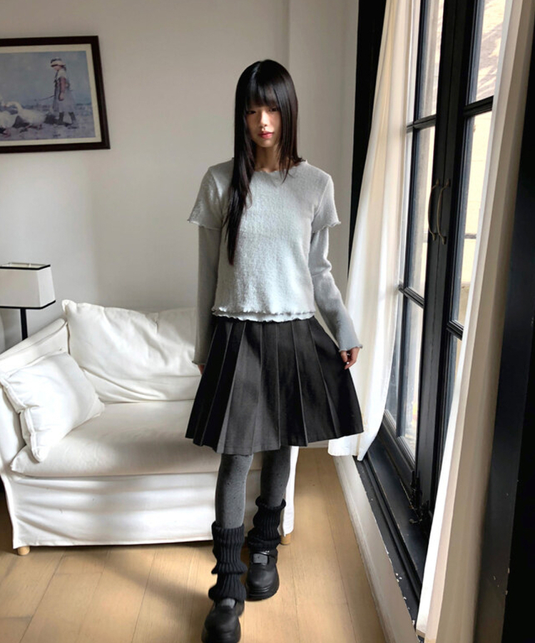 レイヤードアンゴラフリル半袖Tシャツ SKY BLUE