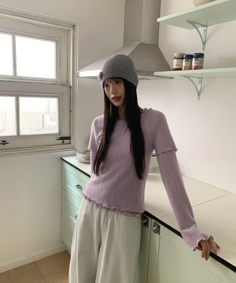 レイヤードアンゴラフリル半袖Tシャツ PINK