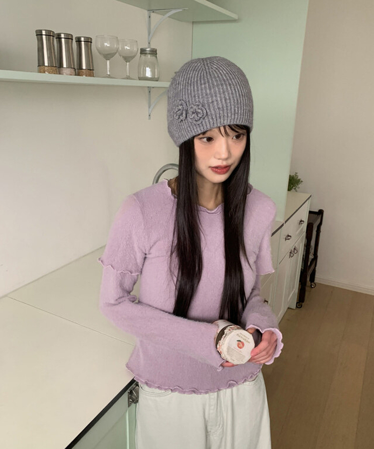 レイヤードアンゴラフリル半袖Tシャツ PINK