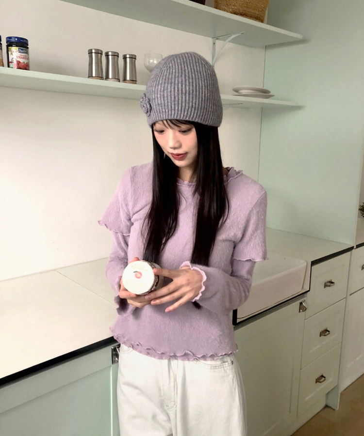 レイヤードアンゴラフリル半袖Tシャツ PINK