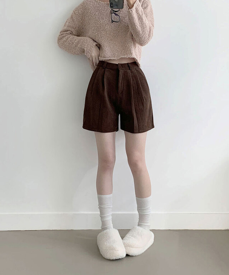 융기모 룬트 융기모 핀턱 코듀로이 기모 숏팬츠 딥브라운