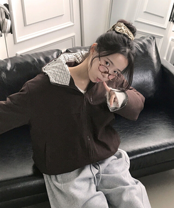 누빔안감 토키 하이넥 체크배색 누빔안감 루즈핏 후드 패딩 브라운