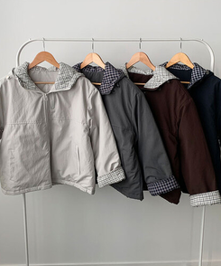 누빔안감 토키 하이넥 체크배색 누빔안감 루즈핏 후드 패딩