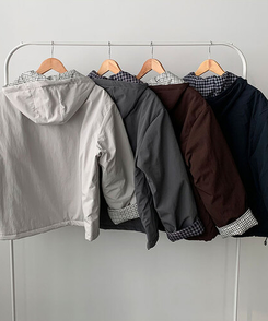 누빔안감 토키 하이넥 체크배색 누빔안감 루즈핏 후드 패딩