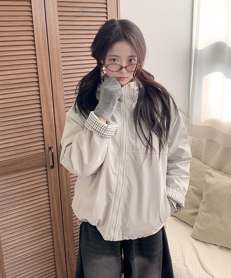 누빔안감 토키 하이넥 체크배색 누빔안감 루즈핏 후드 패딩 아이보리