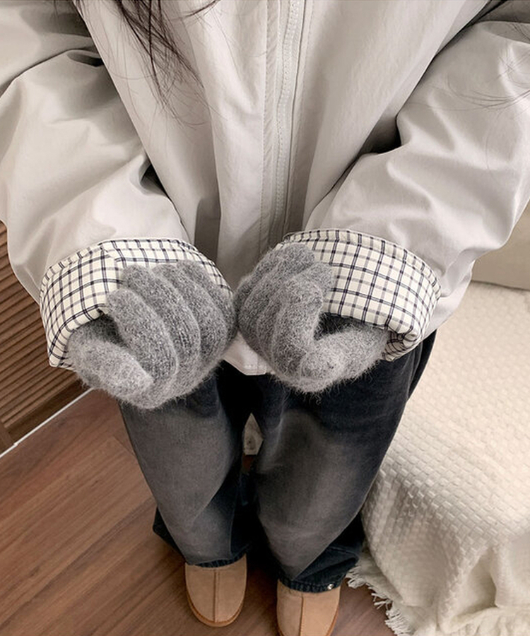 누빔안감 토키 하이넥 체크배색 누빔안감 루즈핏 후드 패딩 아이보리