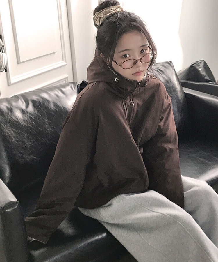 누빔안감 토키 하이넥 체크배색 누빔안감 루즈핏 후드 패딩 브라운