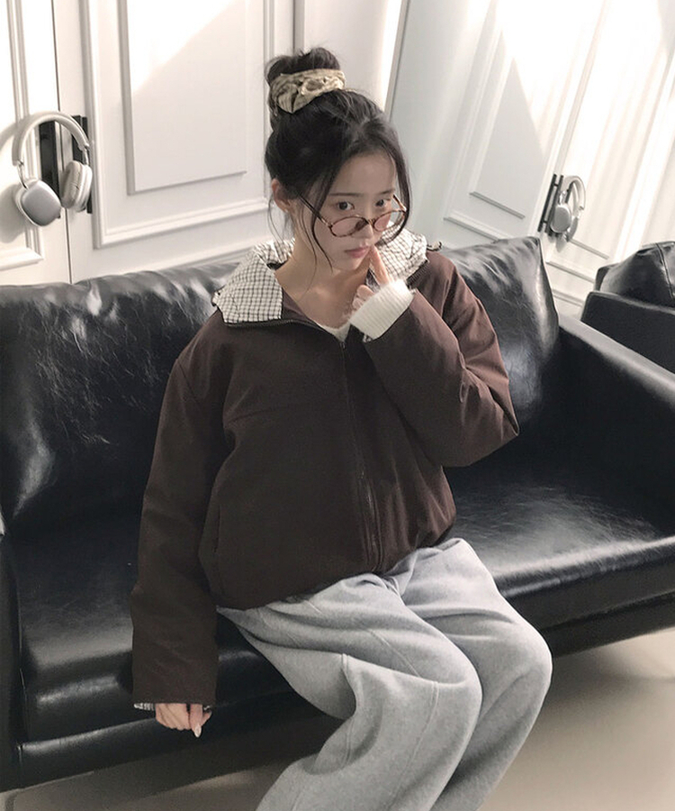 누빔안감 토키 하이넥 체크배색 누빔안감 루즈핏 후드 패딩 브라운