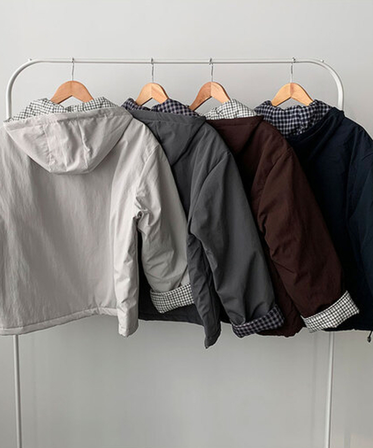 누빔안감 토키 하이넥 체크배색 누빔안감 루즈핏 후드 패딩