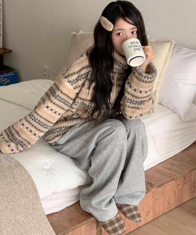 타비 뽀글 양털 패턴 전체퍼안감 하프넥 후리스 점퍼 루즈핏 덤블점퍼