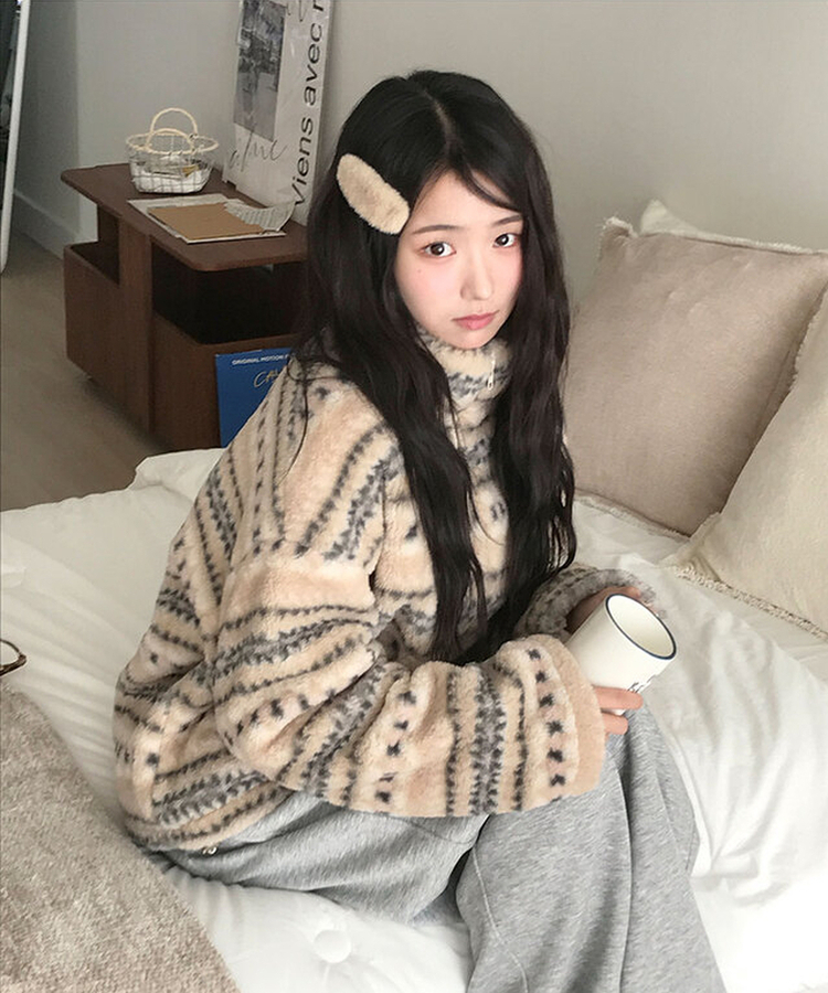 타비 뽀글 양털 패턴 전체퍼안감 하프넥 후리스 점퍼 루즈핏 덤블점퍼