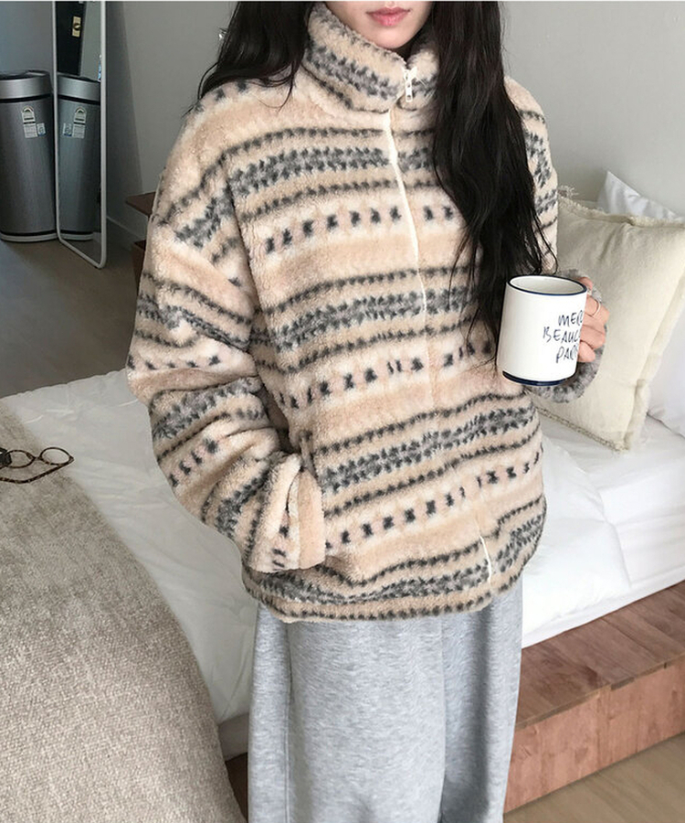타비 뽀글 양털 패턴 전체퍼안감 하프넥 후리스 점퍼 루즈핏 덤블점퍼