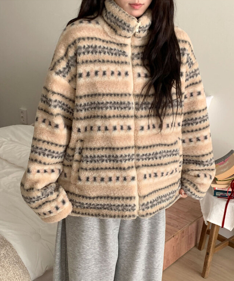 타비 뽀글 양털 패턴 전체퍼안감 하프넥 후리스 점퍼 루즈핏 덤블점퍼