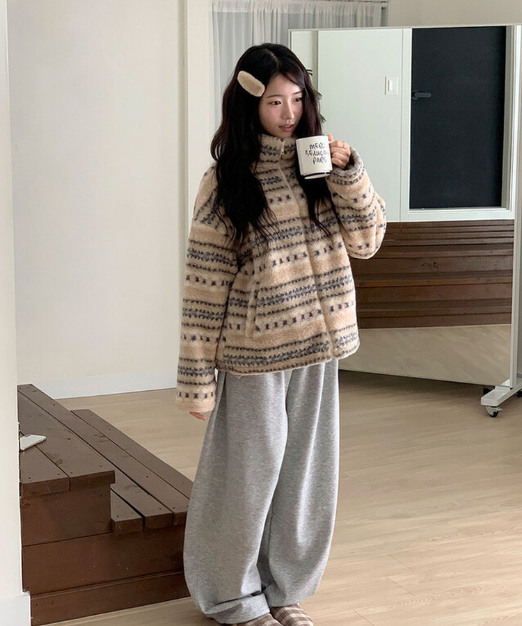 타비 뽀글 양털 패턴 전체퍼안감 하프넥 후리스 점퍼 루즈핏 덤블점퍼