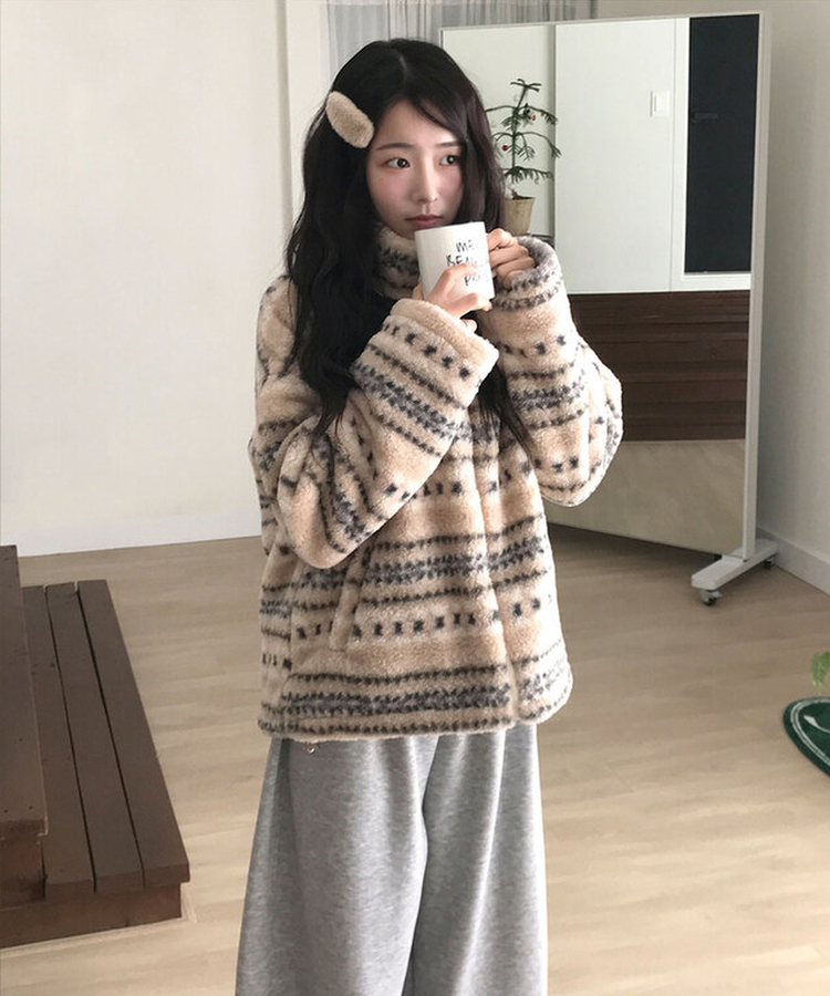 타비 뽀글 양털 패턴 전체퍼안감 하프넥 후리스 점퍼 루즈핏 덤블점퍼