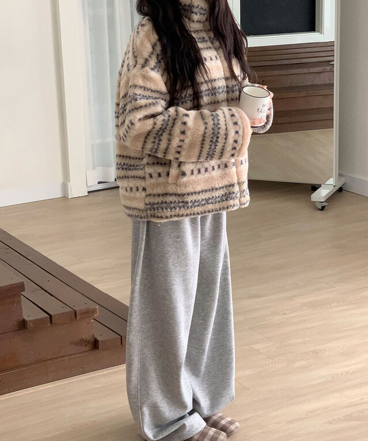 타비 뽀글 양털 패턴 전체퍼안감 하프넥 후리스 점퍼 루즈핏 덤블점퍼