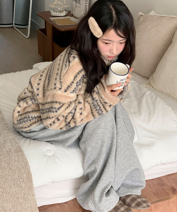 타비 뽀글 양털 패턴 전체퍼안감 하프넥 후리스 점퍼 루즈핏 덤블점퍼