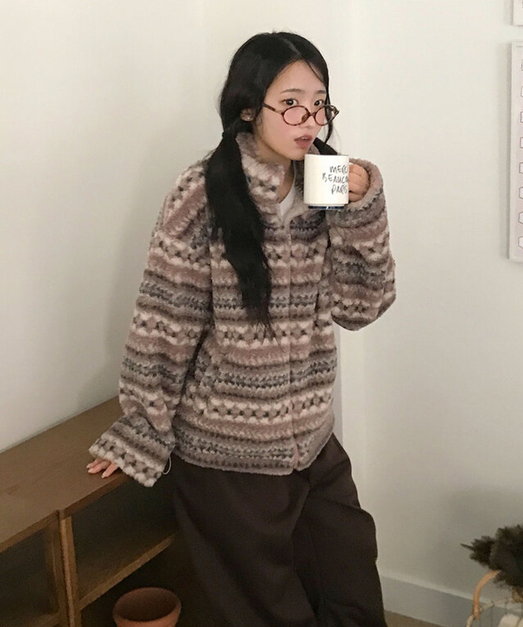 타비 뽀글 양털 패턴 전체퍼안감 하프넥 후리스 점퍼 루즈핏 덤블점퍼