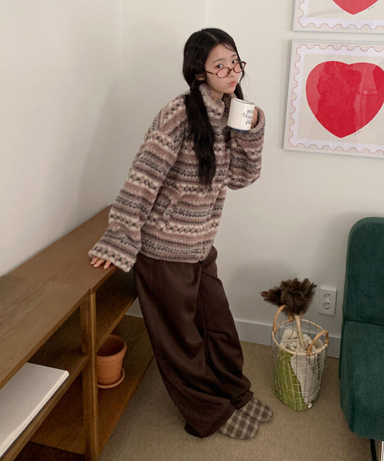 타비 뽀글 양털 패턴 전체퍼안감 하프넥 후리스 점퍼 루즈핏 덤블점퍼