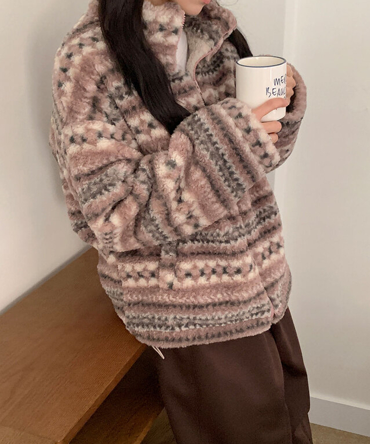 타비 뽀글 양털 패턴 전체퍼안감 하프넥 후리스 점퍼 루즈핏 덤블점퍼