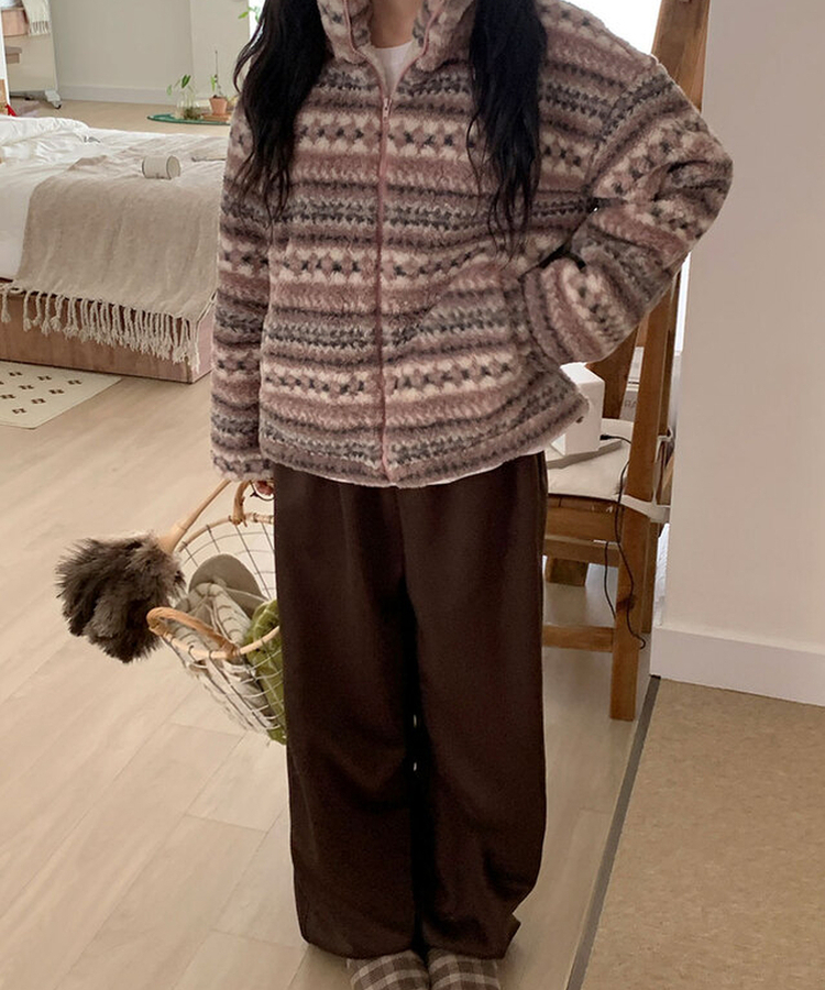 타비 뽀글 양털 패턴 전체퍼안감 하프넥 후리스 점퍼 루즈핏 덤블점퍼