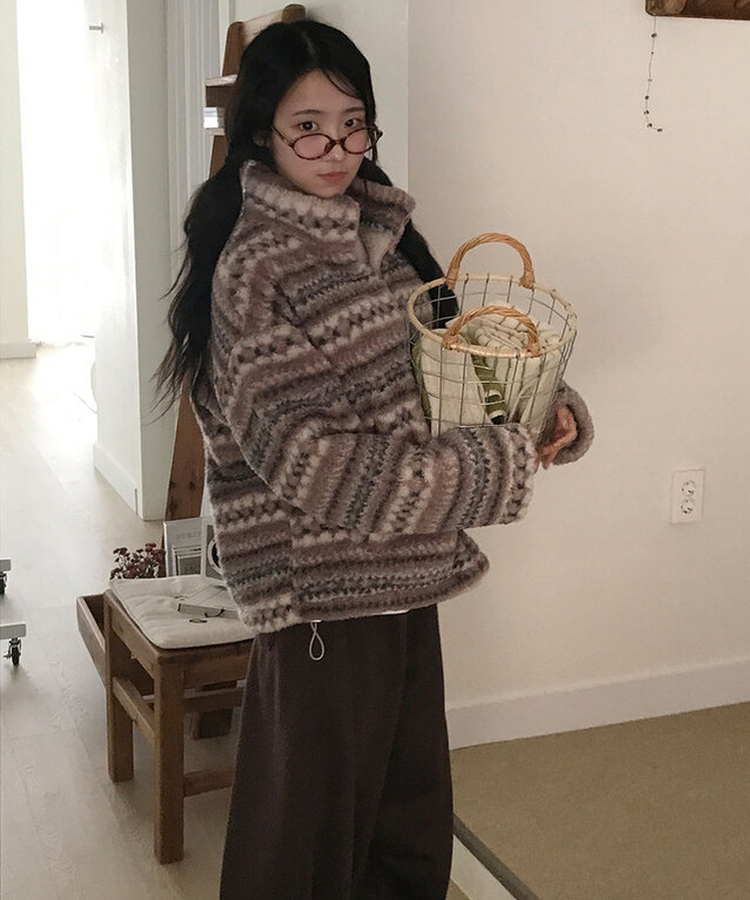 타비 뽀글 양털 패턴 전체퍼안감 하프넥 후리스 점퍼 루즈핏 덤블점퍼