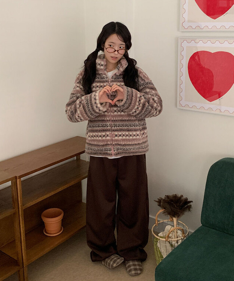 타비 뽀글 양털 패턴 전체퍼안감 하프넥 후리스 점퍼 루즈핏 덤블점퍼