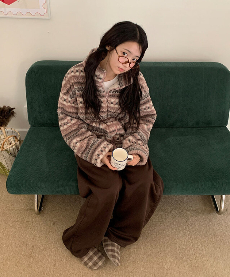 타비 뽀글 양털 패턴 전체퍼안감 하프넥 후리스 점퍼 루즈핏 덤블점퍼