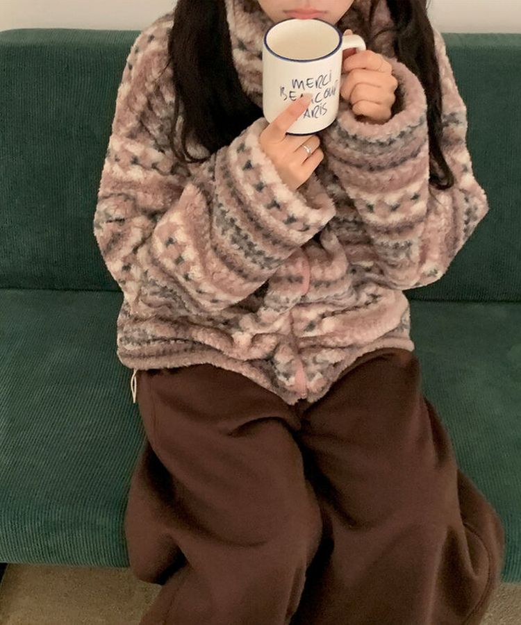 타비 뽀글 양털 패턴 전체퍼안감 하프넥 후리스 점퍼 루즈핏 덤블점퍼