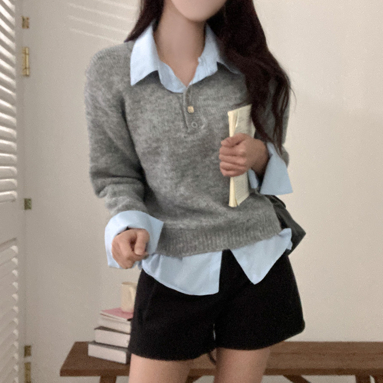 버피 셔츠 레이어드 버튼 일체형 니트 그레이