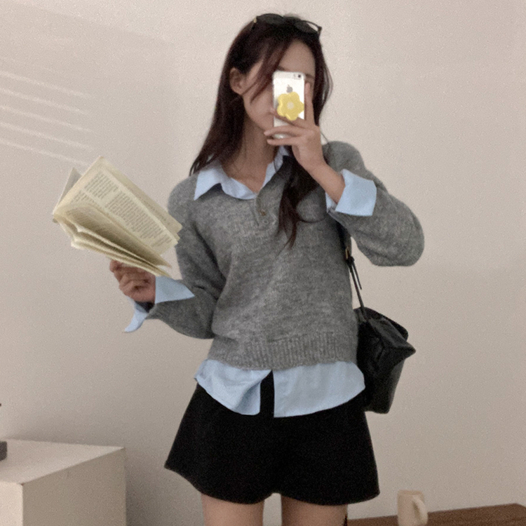 버피 셔츠 레이어드 버튼 일체형 니트 그레이