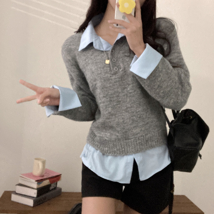 버피 셔츠 레이어드 버튼 일체형 니트 그레이