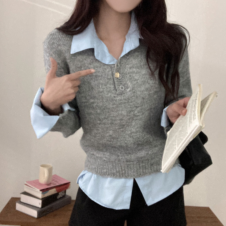 버피 셔츠 레이어드 버튼 일체형 니트 그레이