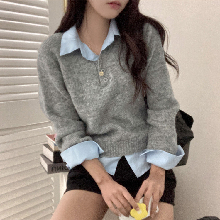 버피 셔츠 레이어드 버튼 일체형 니트 그레이