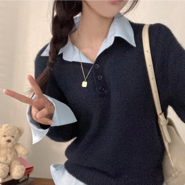 버피 셔츠 레이어드 버튼 일체형 니트 네이비