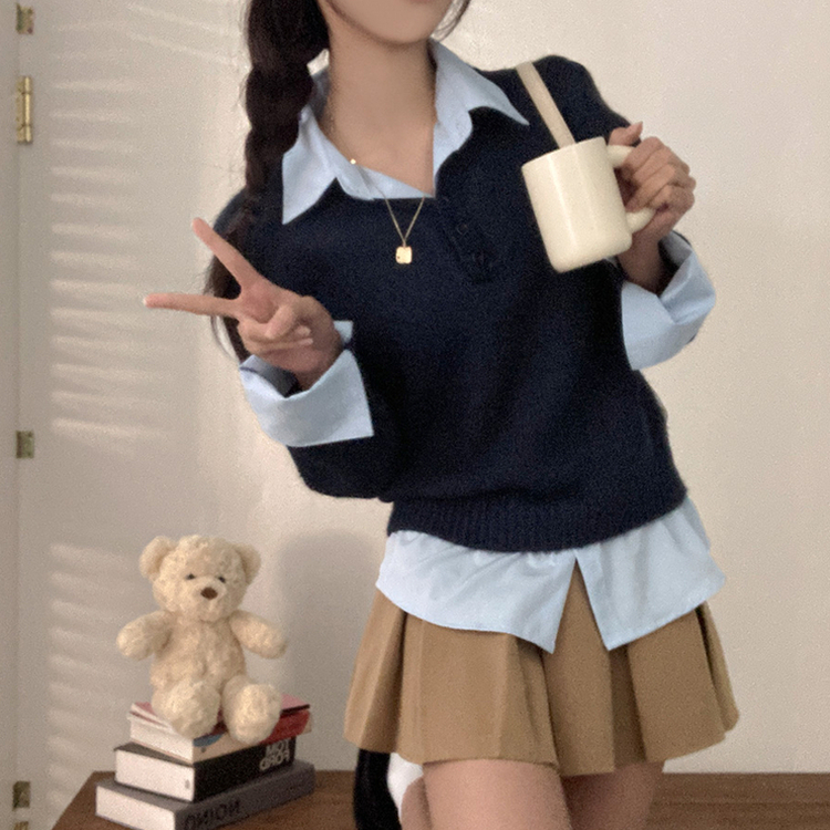 버피 셔츠 레이어드 버튼 일체형 니트 네이비