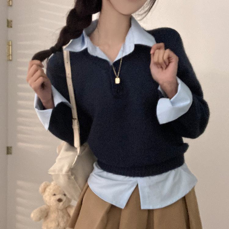 버피 셔츠 레이어드 버튼 일체형 니트 네이비