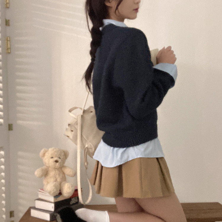 버피 셔츠 레이어드 버튼 일체형 니트 네이비