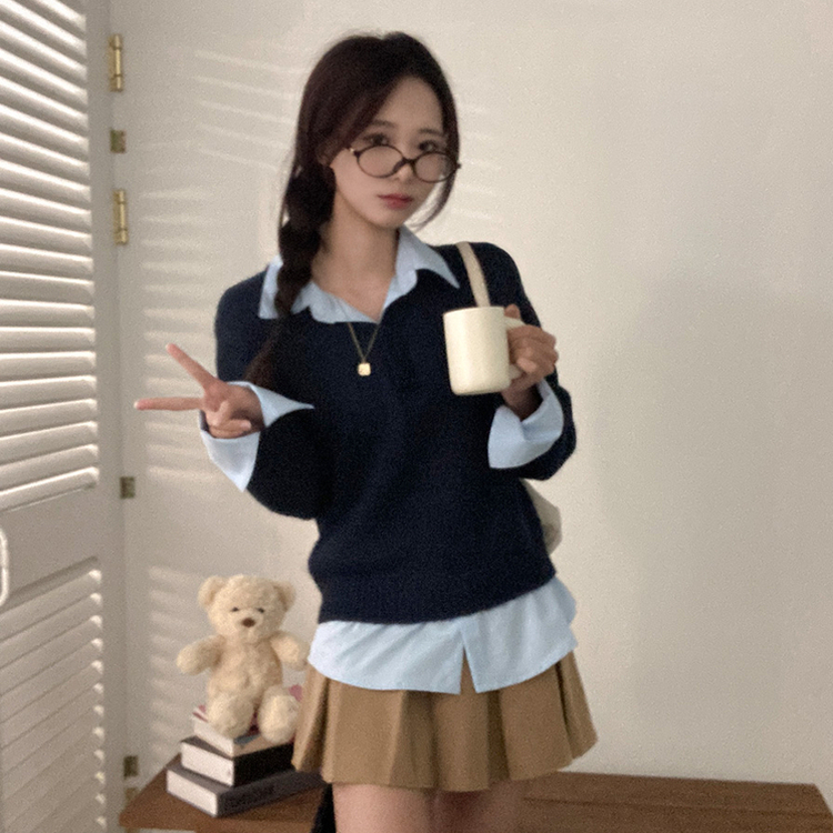 버피 셔츠 레이어드 버튼 일체형 니트 네이비