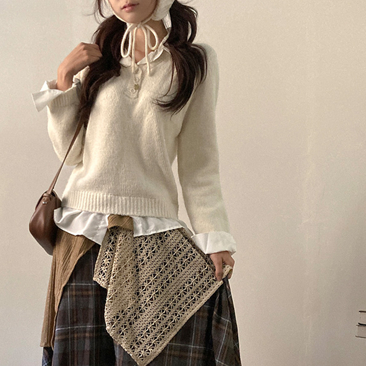 버피 셔츠 레이어드 버튼 일체형 니트 아이보리