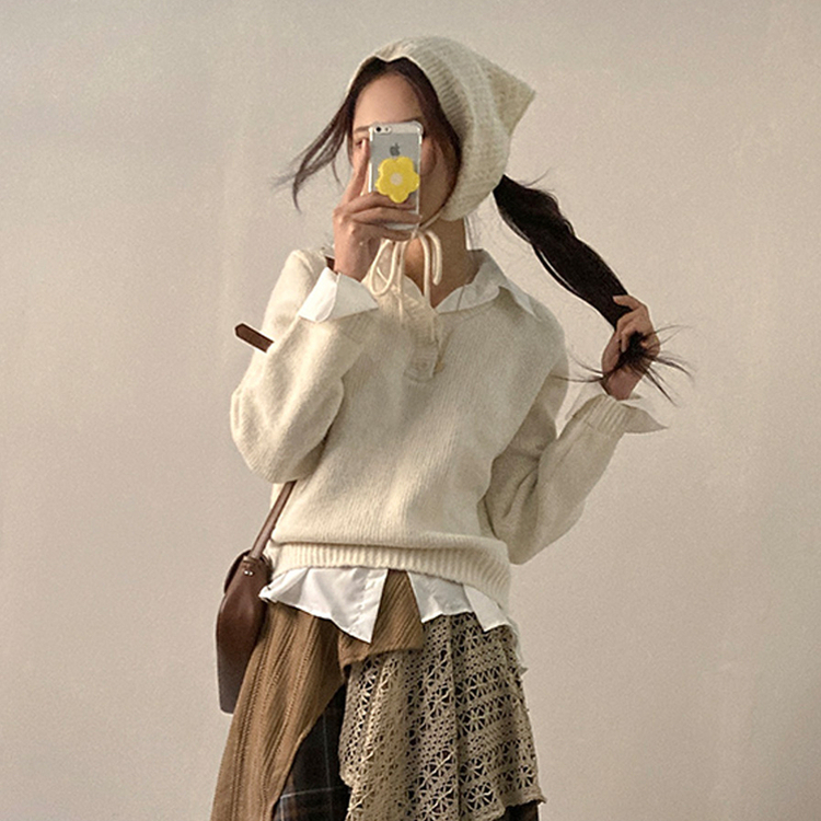 버피 셔츠 레이어드 버튼 일체형 니트 아이보리