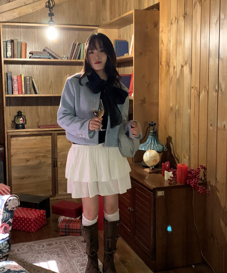 ノーカラーショートツイードジャケット SKY BLUE