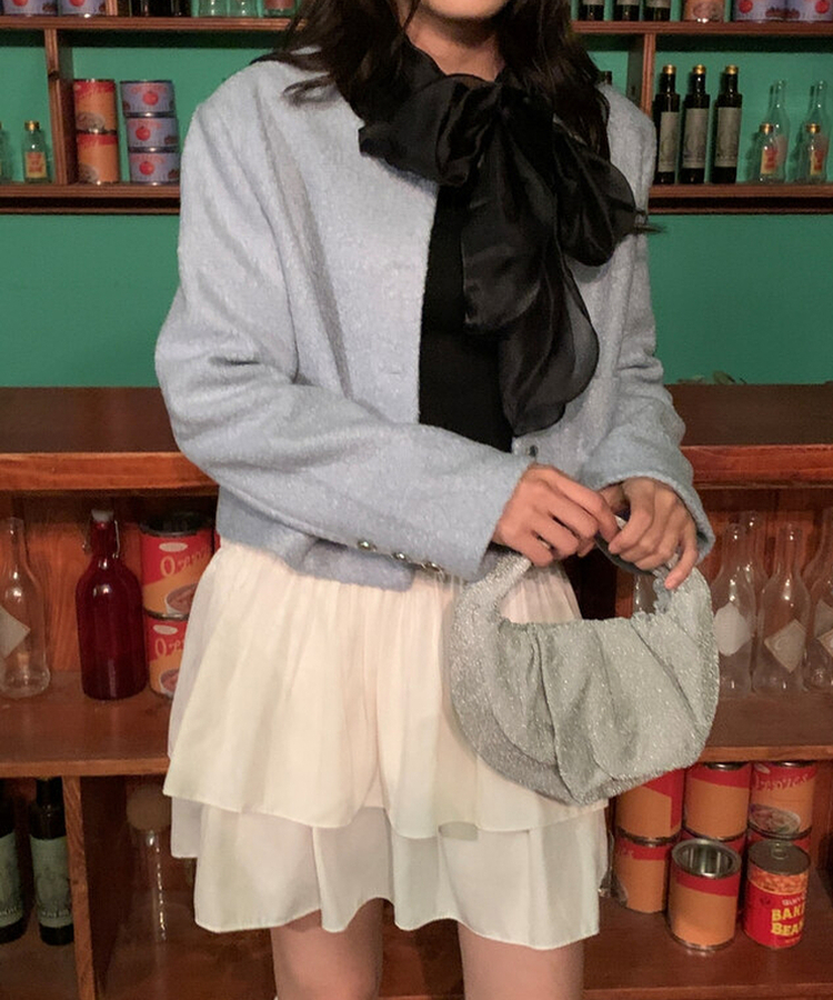 ノーカラーショートツイードジャケット SKY BLUE