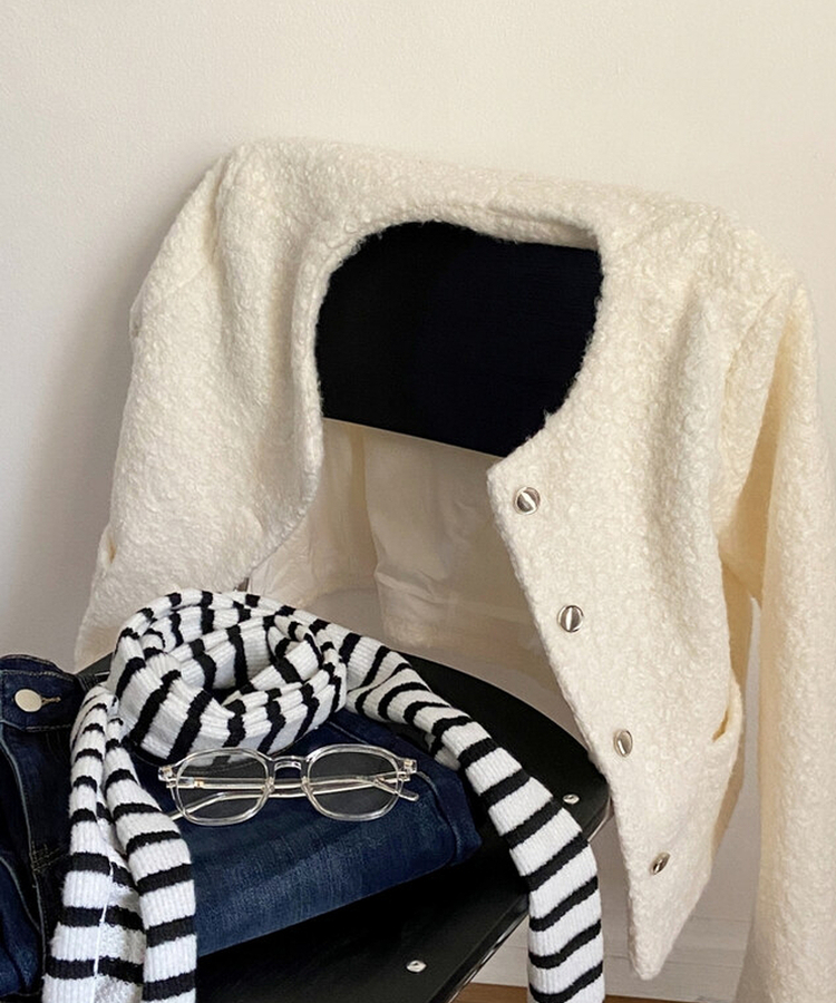 ノーカラーショートツイードジャケット