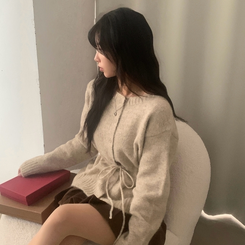 메리 리본 울 보트넥 스트링 루즈핏 니트가디건 베이지